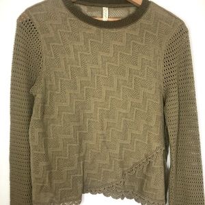 Free People Olive Green open knit crochet lace long sleeve boho festival